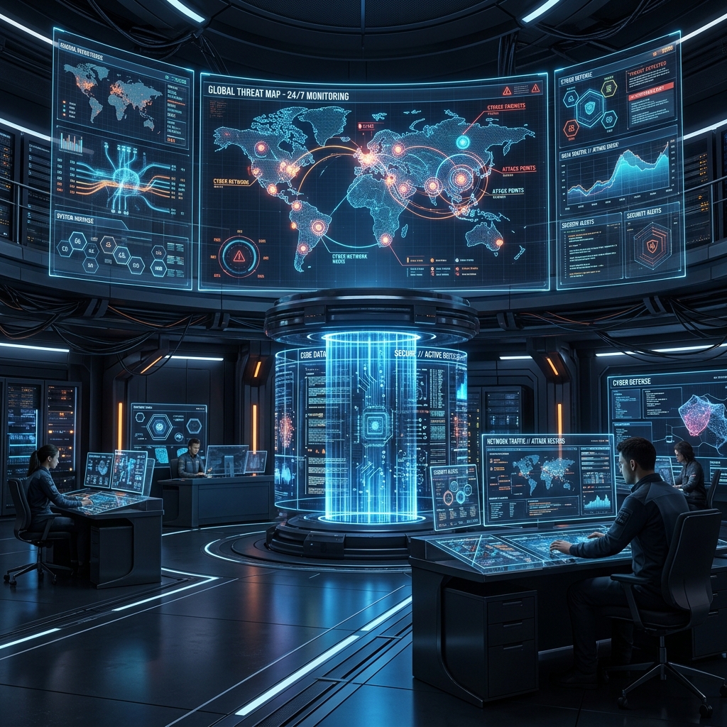 A modern futuristic cybersecurity operations center with glowing digital holographic data servers, cyber network nodes, dark blue futuristic technology interface, ultra-detailed 8k resolution 3d render